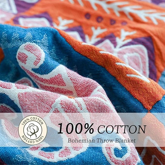 MSGKV Boho Throw Blanket 90''x98'' 100% Cotton Spring Blanket for Couch Bed, Muslin Bed Quilts Home Decor Gift for All Seasons