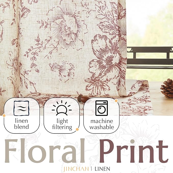 jinchan Linen Blend Curtain Floral Curtains for Living Room 96 Inch Length Farmhouse Brick Red Printed Curtain Rod Pocket Back Tab Peony Flower Patterned Drapes Curtains Set 2 Panels