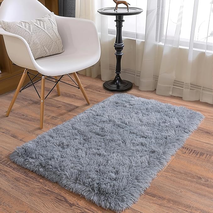 Soft Runner Rugs for Bedroom Hallways, 2 Packs 2x3 Grey Fluffy Shag Throw Area Rug Non Slip for Bedside Dorm, Long Shaggy Furry Carpet for Nursery Living Room