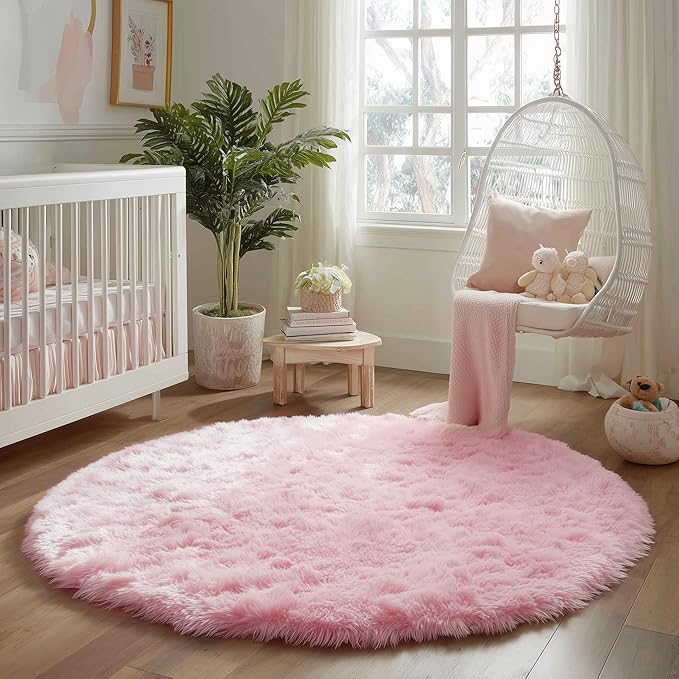 Amdrebio Pink Round Area Rugs 7Ft for Girls Bedroom Decor, Fluffy Large Circle Rug for Living Room, Kids Room, Teen, Fuzzy Plush Carpets for Baby Nursery, Dorm, Classroom, Big Indoor Kawaii Play Rug