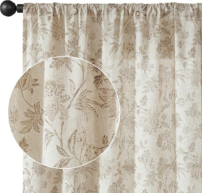 jinchan Linen Floral Curtains for Living Room with Printed Flower 63 Inches Long Light Filtering French Country Back Tab Rod Pocket Taupe Window Curtain Set Farmhouse Drapes 2 Panels Taupe