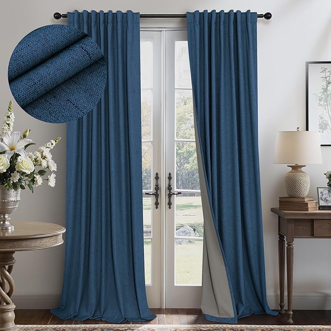 Pitalk Navy Blue Blackout Curtains for Living Room 84 Inch Length 2 Panels Set Back Tab Pocket Faux Linen Window Drapes Thermal Insulated Room Darkening Curtain for Bedroom Boys 52 x 84 Long Dark Blue