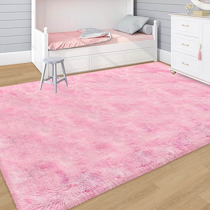 Tie-Dye Pink Rug for Living Room 5x8ft Fluffy Modern Shag Area Rug Mat Bedside Throw Rug for Bedroom Kids Room Boys Teens Nursery Baby Dorm Office Home Decor Aesthetic Soft and Cozy Carpets