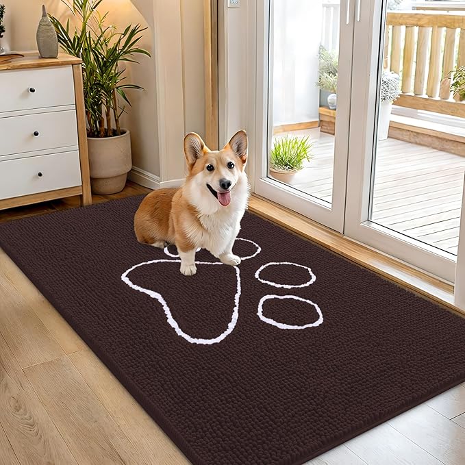 OLANLY Dog Door Mat for Muddy Paws 54x32, Paw Print Design, Absorbs Moisture and Dirt, Absorbent Non-Slip Washable Doormat, Quick Dry Chenille Mud Mat for Dogs, Entry Indoor Entryway Carpet, Brown