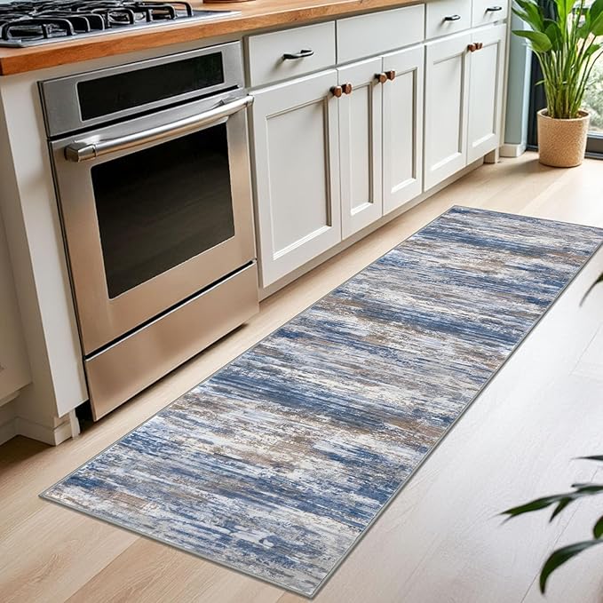 KOZYFLY Modern Abstract Washable Rug Runner 2x7 Hallway Runner Rug Non-Slip Soft Kitchen Runner Rugs, Print Blue Rust Striped Carpet Runner for Entryway Bathroom Laundry Room Foyer
