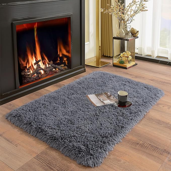 Ultra Soft Runner Rugs for Bedroom Hallways with Upgraded Non-Slip Rubber Backing & Thick Memory Sponge, 2x3 Feet Fluffy Shag Throw Area Rug for Bedside Dorm Dark Grey
