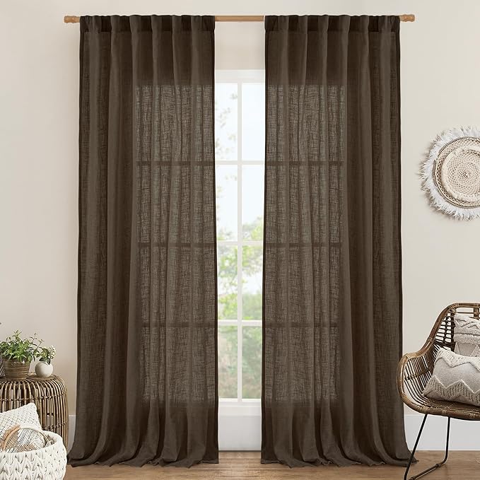 LAMIT Brown Linen Curtains for Living Room 84 inch Length 2 Panels, Light Filtering Semi Sheer Drapes Back Tab and Rod Pocket Farmhouse Panels for Bedroom/Sliding Glass Door, Dark Brown, 52 x 84 Inch