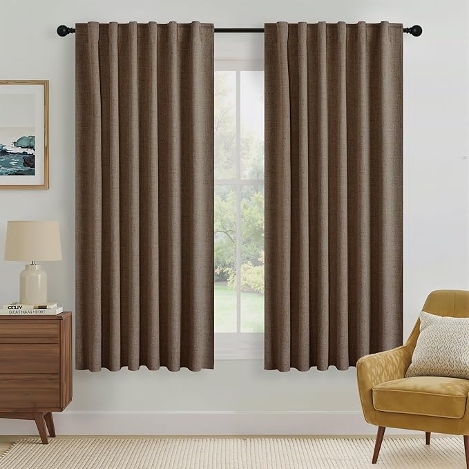 RYB HOME Coffee 100% Blackout Curtains 63 inch Long, Light Blacking & Thermal Insulated Curtains for Nursery/Bedroom/Boys'Room, Back Tab & Rod Pocket Window Treatment, W52 x L63, 2 Panels