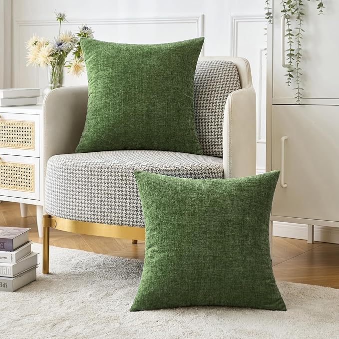 MIULEE Pack of 2 Couch Throw Pillow Covers 16x16Inch Soft Moss Green Spring Chenille Pillow Covers for Sofa Living Room Solid Dyed Pillow Cases
