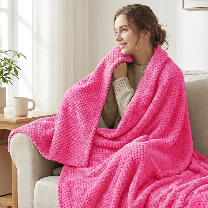 Exclusivo Mezcla Fleece Throw Blanket Extra Large, Super Soft and Warm Blankets for Couch, Sofa and Bed Waffle Textured, Cozy, Fuzzy and Lightweight (Hot Pink, 50x70 Inches)