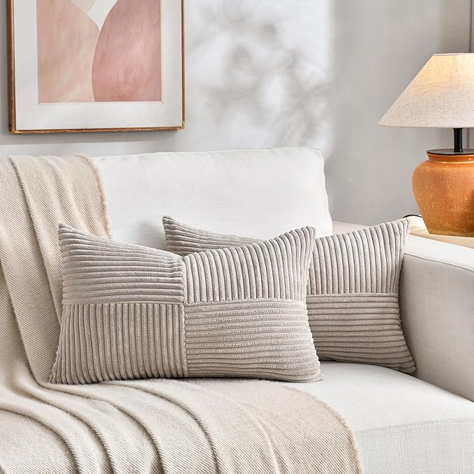 Fancy Homi 2 Packs Neutral Taupe Lumbar Decorative Throw Pillow Covers 16x26 Inch for Living Room Couch Bed Sofa, Farmhouse Home Decor, Soft Striped Corduroy Rectangle Accent Cushion Case 65x40 cm