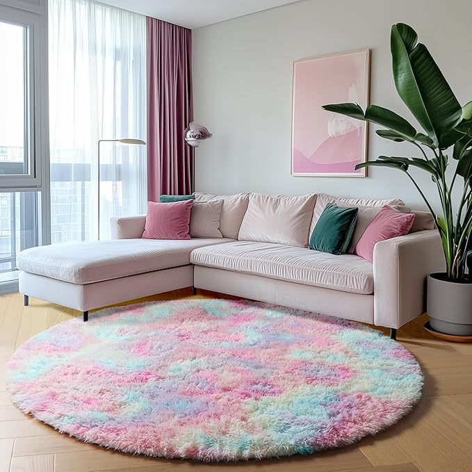 ONASAR Rainbow Round Area Rugs 5ft, Soft Bedroom Circle Rug Mats for Kids Girls Teen Room, Kawaii Fluffy Plush Shaggy Carpet for Dorm Nursery Living Room Playroom Home Decor Princess Castle