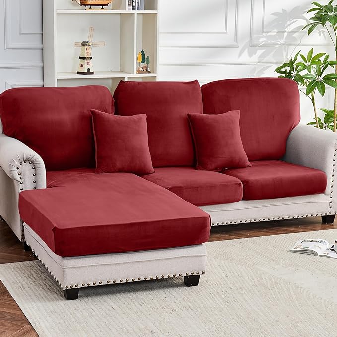 Couch Cover 6-Piece Elastic Velvet Couch Cushion Covers & Chaise Slipcovers for L-Shaped Sofas, Sofa Seat Covers Washable, Soft Cover for Couches (5 Seater + Chaise, Christmas Red)
