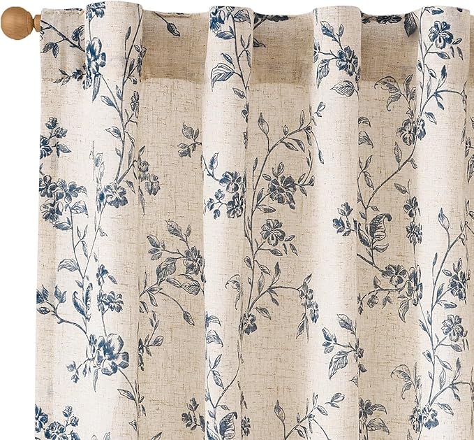 Lazzzy Blue Floral Linen Curtains 90 Inch Farmhouse Back Tab Drapes for Living Room Bedroom Light Filtering Vintage Grandmillennial Rod Pocket Curtains, 2 Panels, W38 x L90, Blue on Beige