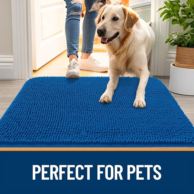 OLANLY Dog Door Mat for Muddy Paws 54x24, Absorbs Moisture and Dirt, Absorbent Non-Slip Washable Doormat, Quick Dry Chenille Mud Mat, Entry Indoor Entryway Carpet for Inside Floor, Deep Navy Blue