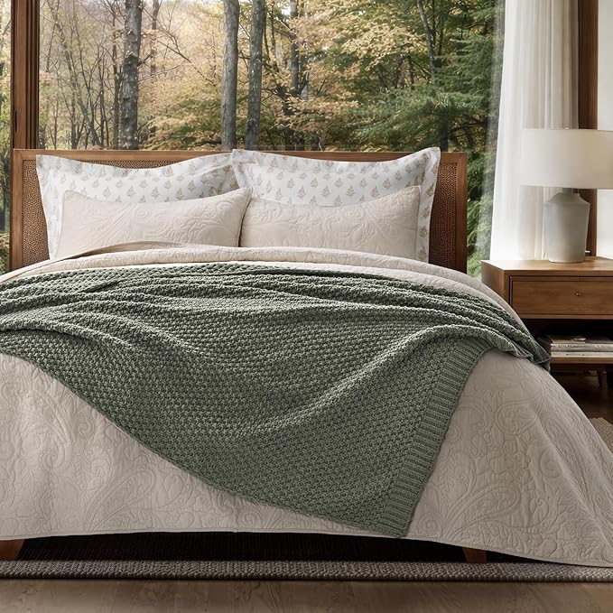 EVERGRACEHOME Chunky Chenille Knit Throw Blanket for Couch, Soft Luxurious Moss Stitch Blankets for Bed, Cozy Decorative Farmhouse Knitted Throws for Sofa, Dried Thyme Green, 50" x 60"