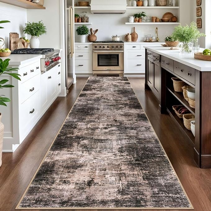 IOHOUZE Abstract Runner Rug 3x14 Ft Washable Runners for Hallways, Non Slip Kitchen Runner Printed Faux Wool Entryway Runner Indoor, Modern Abstract Floor Carpet for Hall Stair, Brown/Rust