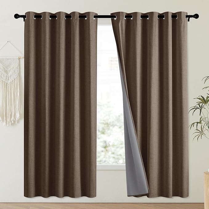 NICETOWN Coffee Vintage Linen 100% Blackout Curtains for Playroom, Thermal Insulated Curtains 72" Long, Noise Reducing Window Treatment Drapes for Laundry Room, 62" Wide Per Panel, Set of 2