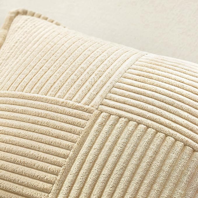 MIULEE Decorative Throw Pillow Covers for Couch Bed Livingroom 18x18 Inch Set of 2 Cream Boho Accent Throw Pllows Broadside Striped Patchwork Soft Corduroy Pillowcases