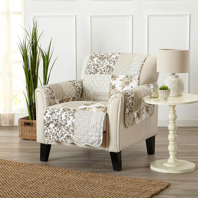 Great Bay Home Reversible Patchwork Chair Cover - Washable Slipcover Furniture Protector with Elastic Straps - Perfect for Kids & Pets - Box-Stitched Detail (Taupe)