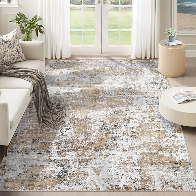 XLUEZ 5x7 Area Rugs for Living Room, Washable Modern Abstract Large Area Rug Neutral Soft Non Slip Kids Rug Stain Resistant Indoor Carpet for Bedroom Nursery Dining Room Playroom(Beige, 5'x7')