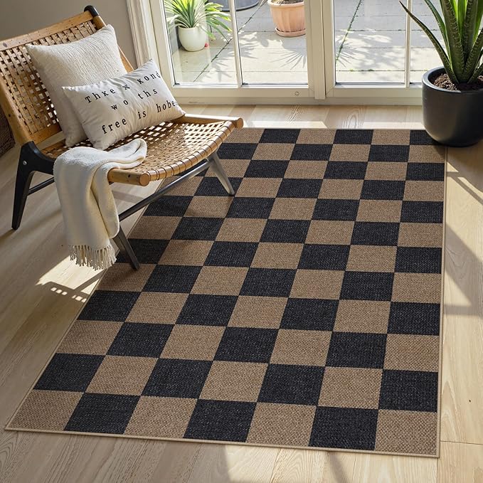 Lahome Colette Checkered Easy Jute 3x5 Rug, Washable Rugs for Living Room Entryway Farmhouse Non Slip Black Outdoor Carpet, Checkerboard Indoor Door Mat for Entry Patio Deck