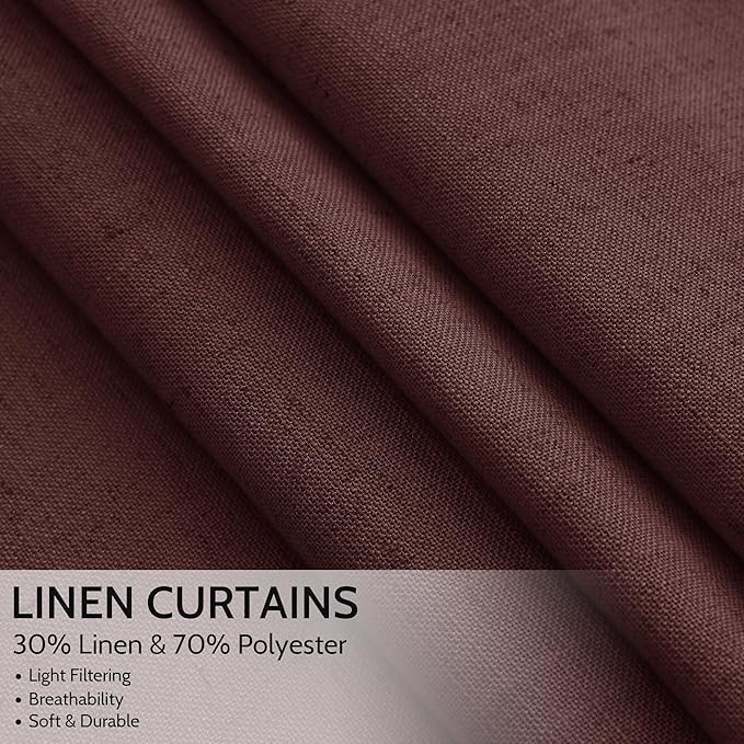 Nanspring Reddish Brown Linen Blend Light Filtering Back Tab Curtains 108 Inches Long, Semi Sheer Privacy Drapes for Living Room & Bedroom, 52x108 inch, 2 Panels