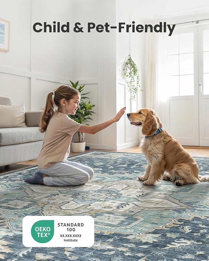AMADA HOMEFURNISHING 9x12 Washable Area Rug, Low-Profile Large Area Rug with Non-Slip Backing & Durable Edge Binding, Vintage Large Rugs for Living Room, Bedroom & Dining Room