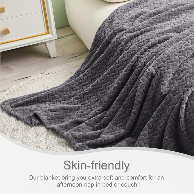 Exclusivo Mezcla Fleece Queen Size Blanket for Bed, 90x90 Inches Soft Cozy Jacquard Flannel Blankets, Lightweight Fuzzy Plush Warm for Women, Dark Grey