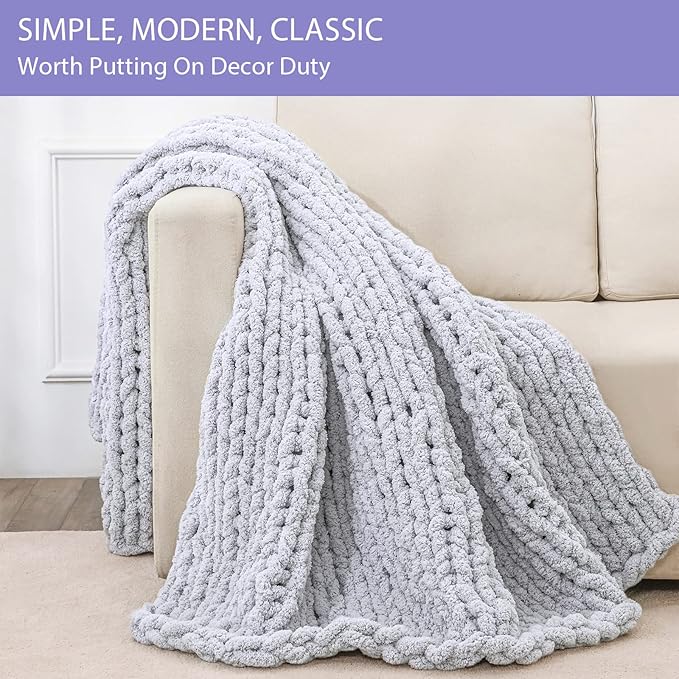 Bigacogo Chunky Knit Throw Blanket for Couch, 51x63 inches, 100% Hand Knitted with Thick Jumbo Chenille Yarn, Cozy Soft Large Rope Knot Cable Crochet Blankets for Sofa Bed Living Room, Light Grey