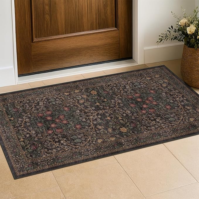Dark Brown 2x4 Entryway Rug, Small Runners for Kitchen, Door Mat Indoor Entrance, Bathroom, Non-Slip Low-Pile Washable Stain Resistant, Vintage Floral Design