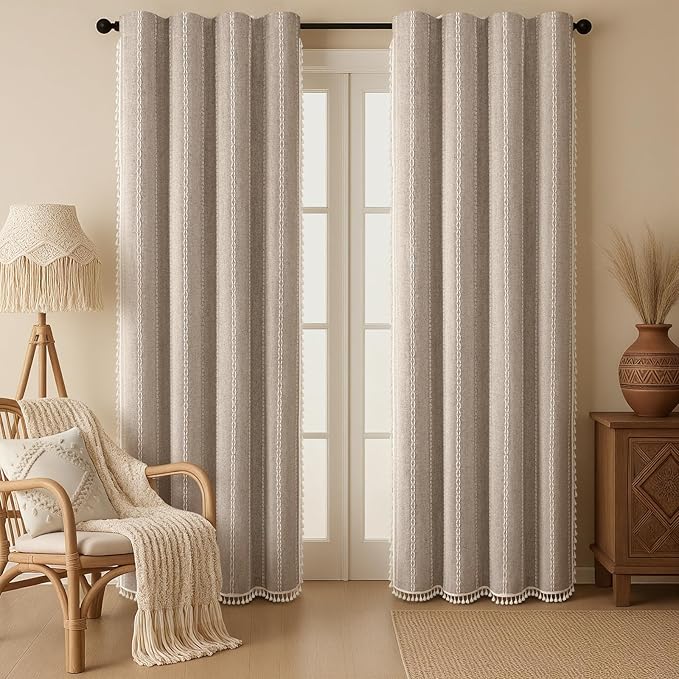 Boho Blackout Curtains 90 Inches Long Brown Linen Blend 2 Panels with Tassels and Cotton Embroidery, Farmhouse Vintage Rustic Rod Pocket Drapes for Living Room or Bedroom
