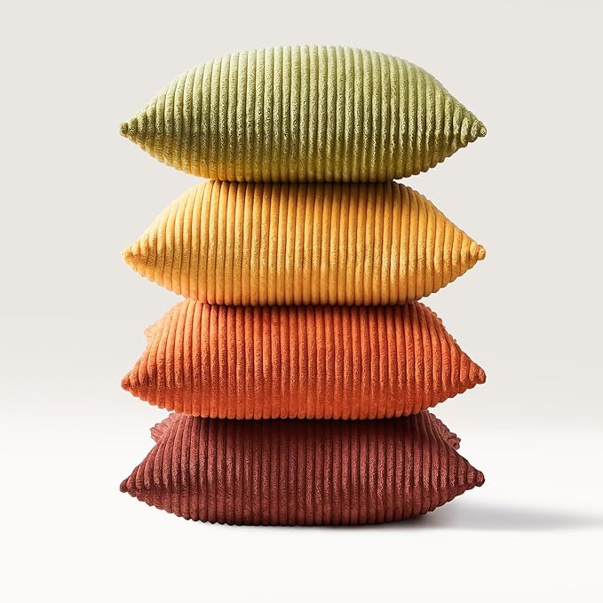 Topfinel Fall Burnt Orange Decorative Throw Pillows Covers 24x24 Inch Set of 4,Yellow Green Gradient Series Corduroy Striped Square Pillow Case,Western Modern Cushion Cover for Couch Sofa Bedroom