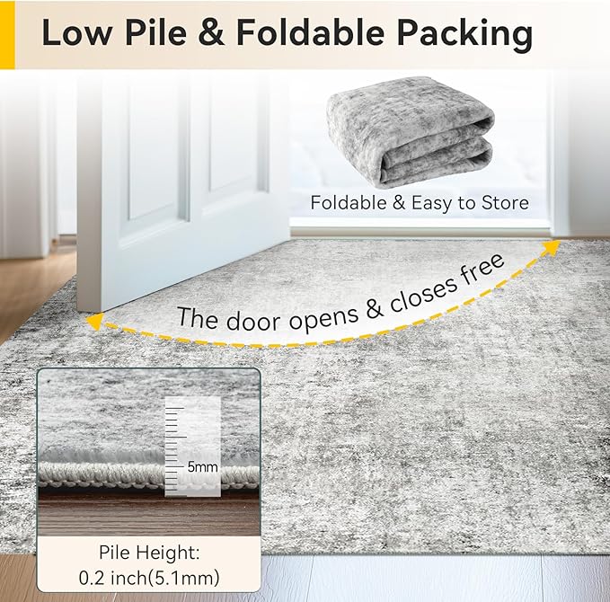 Washable Area Rugs 4'x6' Non-Slip Modern Abstract Soft for Living Room Entryway Bedroom Nursery, Print Pattern, Gray White Grey