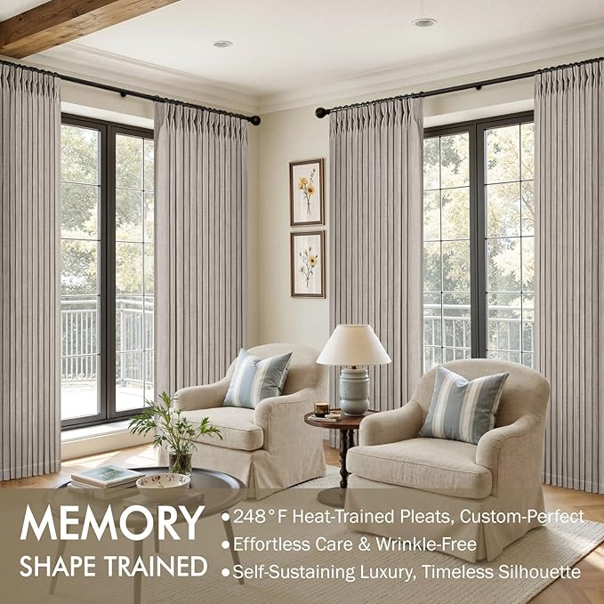 MIULEE Pinch Pleated Thick Linen Curtains 90 Inches Long 2 Panels for Living Room Bedroom, Linen Textured Memory Trained Pleat Drapes Back Tab Light Filtering Taupe Window Curtains with Hooks