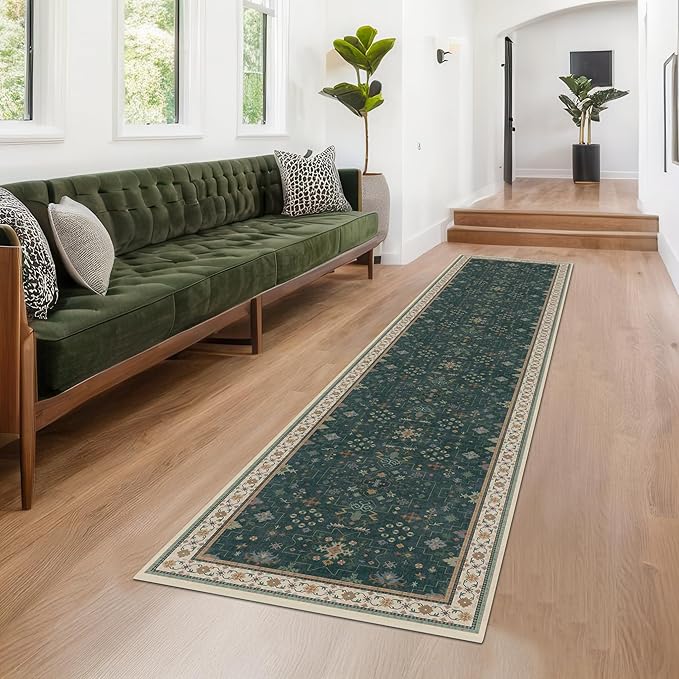 Hazo Haus Dark Green Kitchen Rug 10 ft Long - Modern Vintage Boho Unique Floral with Gold Accent, Washable Low Pile Non-Slip Extra Long Wide Runner Rugs for Hallway, 3x10