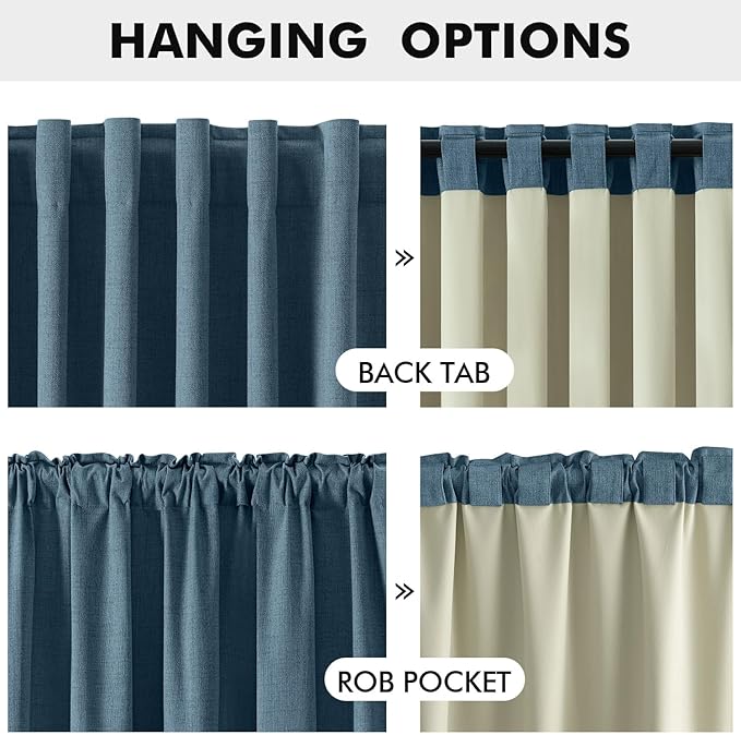 MIULEE 100% Blackout Linen Curtains for Bedroom, Stone Blue Solid Luxury Decor Thermal Insulation Room Darkening Drapes for Living Room Nursery Back Tab Rod Pocket 42 x 96 Inches, 2 Panels