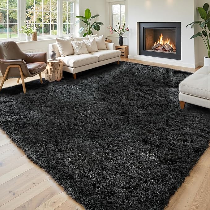 Rugs for Living Room 6x9, Alfombras para Salas Shag Large Plush Soft Area Rug, Shaggy Carpets for Bedroom, Kids Boys Girls Home Decor Aesthetic(Black, 6 x 9 Feet)