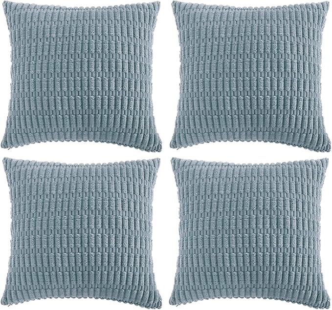 Fancy Homi 4 Packs Boho Light Blue Decorative Throw Pillow Covers 18x18 Inch for Couch Bed Sofa, Rustic Modern Farmhouse Home Decor, Soft Plush Corduroy Cute Square Cushion Case 45x45 cm