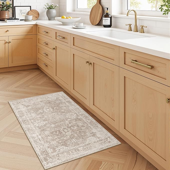 Madane 2x3 Washable Rugs for Entryway, Low Pile Non-Slip Small Area Rug Kitchen Door Mat, Vintage Soft Throw Neutral Rug Floor Mat for Indoor Front Entrance Bathroom Hallway (2 x 3, Brown/Sand)