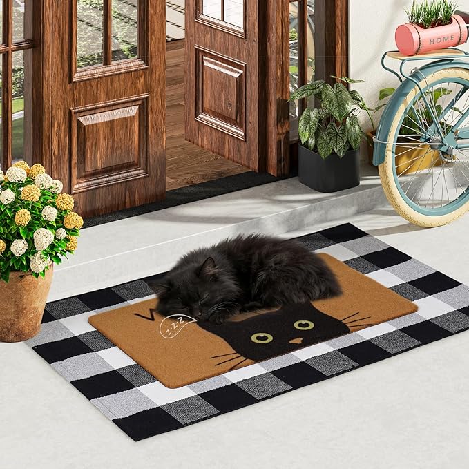UINI Door Mat Combo Set, 28" x 43" Plaid Mat +17" x 30" Black Cat with Green Eyes Doormat, 2 PCS Welcome Mat Set for Front Door, Entrance, Porch Decor, Non-Slip