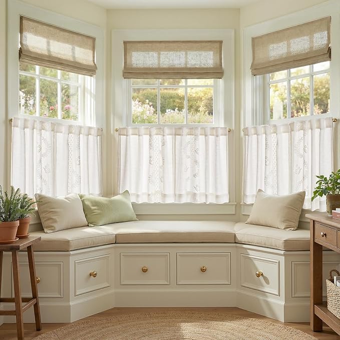 jinchan Belrose Linen Floral Kitchen Curtains 24 inch Length Embroidered Farmhouse Cafe Curtains for Living Room Bathroom Small Windows Curtain Set Sheer Light Filtering 2 Panels White