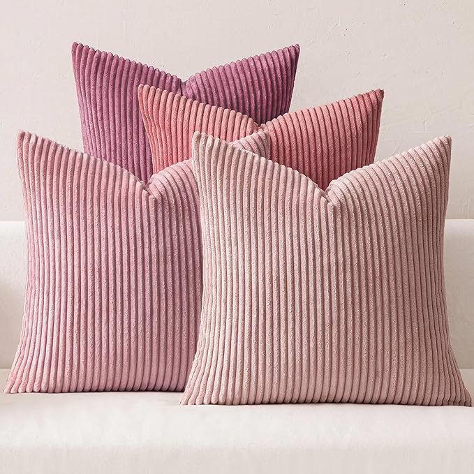 MIULEE Pack of 4 Purple Pink Valentines Corduroy Decorative Throw Pillow Covers 18x18 Inch Soft Boho Striped Pillow Covers Modern Farmhouse Spring Home Decor for Sofa Living Room Couch Bed