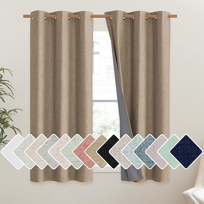 NICETOWN Burlap Vintage Open Linen Weave Flax Thermal Curtains, 100% Blackout Curtains 63" Long for Dining Room, Soundproof Window Treatment Drapes for Gym Room, 42" Wide Per Panel, Set of 2