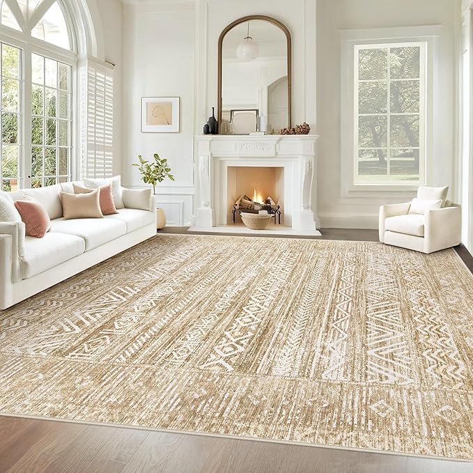 Living Room Rugs 8x10: Washable Moroccan Geometric Boho Rug Farmhouse Non Slip Stain Resistant Large Rug Low Pile Soft Carpet for Bedroom Dining Room Kids Room (Light Brown,8'x10')