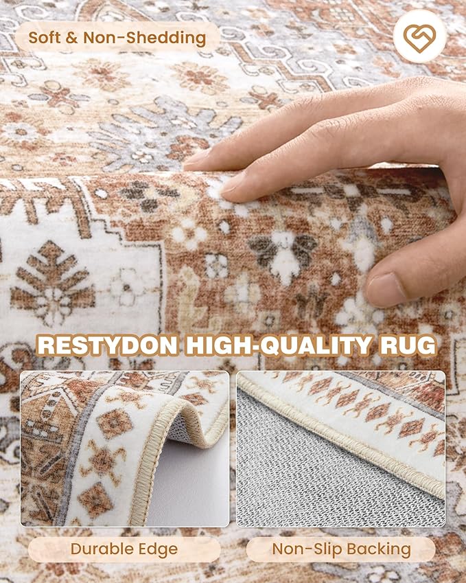 3x4 Washable Area Rug for Entryway, Soft Kitchen Rugs Non Slip for Dining Room, Vintage Living Room Rug, Thin Area Rugs Indoor for Bedroom, Kids Room Decor(Orange,3'x4')