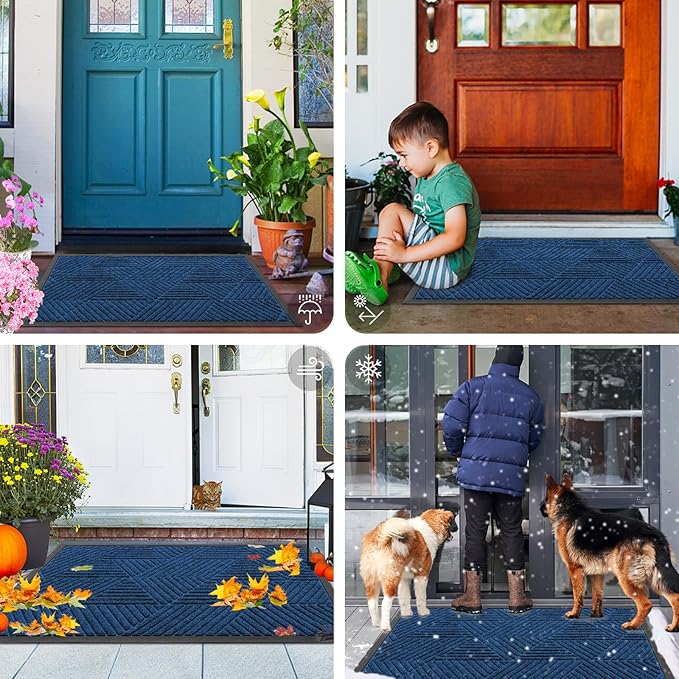 Smiry Front Door Mat Outside Entrance, Heavy Duty Sturdy Natural Rubber Doormat, Trap Dirt and Moisture, Easy Clean Low Profile Mats for Indoor Outdoor Entry, Irregular Triangle (29.5x17, Medium Blue)