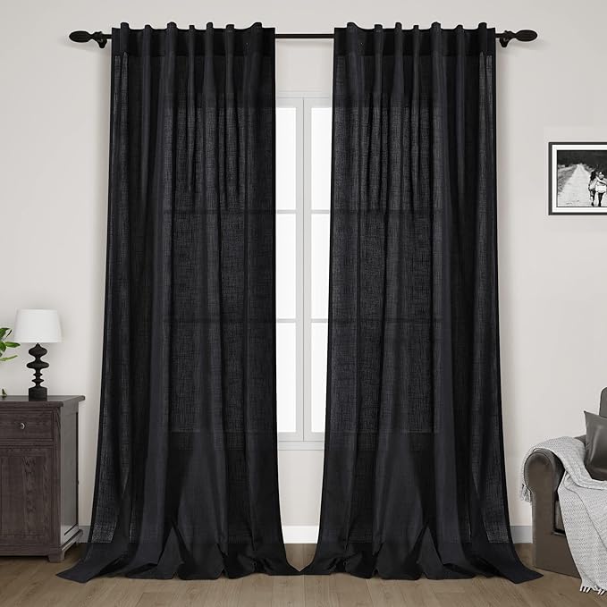 Nanspring Black Extra Long Curtain 130 inches Long 2 Panels Set for Living Room Back Tab Modern Farmhouse Coastal Decor Cotton Textured Black Sheer Linen Curtains for High Window 52x130
