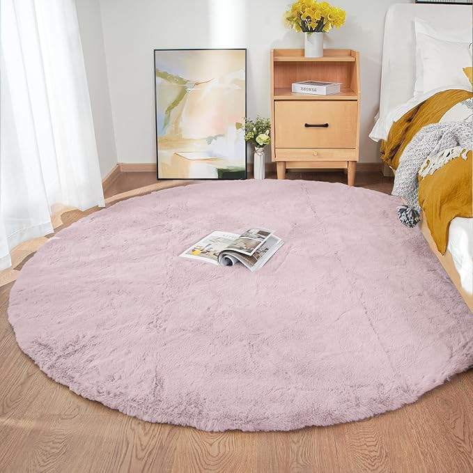 ORINOVA Pink Boho Round Rugs 8ft Large Fluffy Machine Washable Fuzzy Fur Area Rugs for Living Room Plush Circle Sheepskin Rugs for Bedroom Nursery Rug