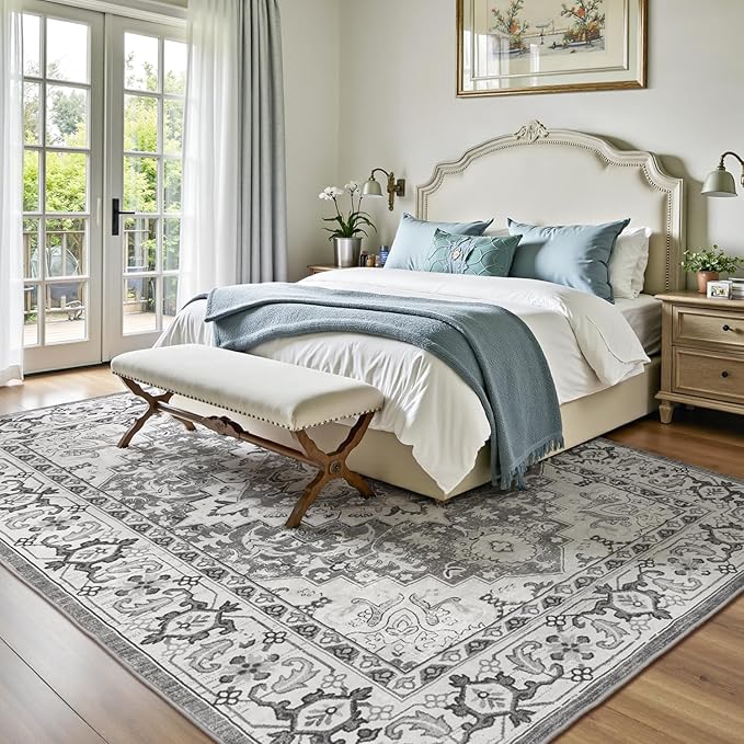 Lofus 8x10 Area Rugs for Living Room, Washable Area Rug, Rugs for Bedroom, Kitchen, Vintage Boho Carpet, Soft Non-Slip, Low Pile Large Area Rug for Office Dining Room, Floral Grey